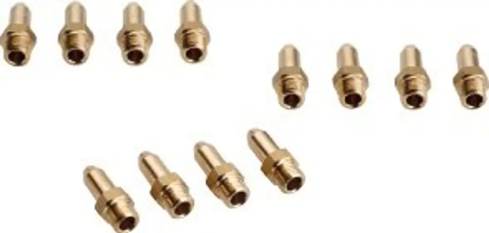 Bosch Gasumrüstungssatz bestehend aus mehreren metallenen Bauteilen, die in unterschiedlichen Größen angeordnet sind. Alle Teile sind in Goldfarben gehalten.